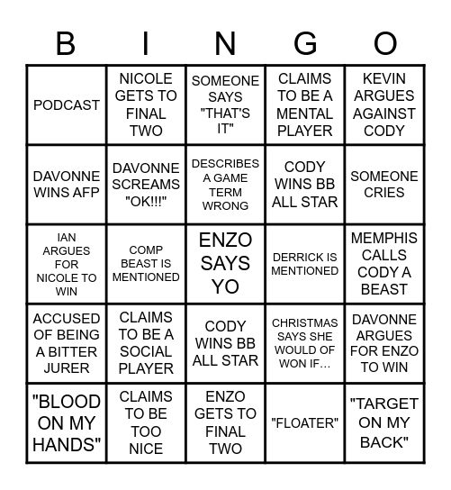 BB22 FINALE Bingo Card