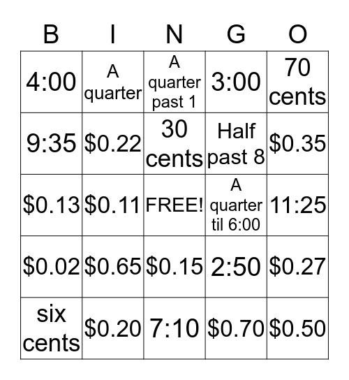 Time and Money Bingo Card