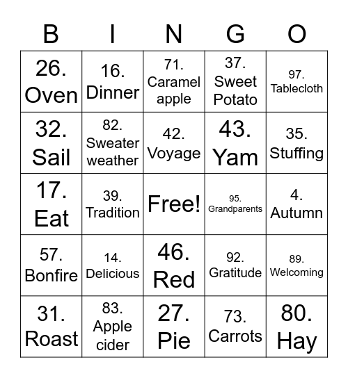 Thanksgiving Bingo Card