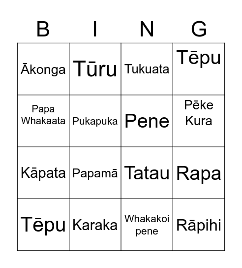 Ākomanga Bingo Card