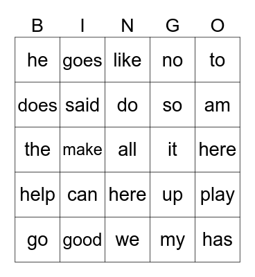 Sight Words Bingo Card