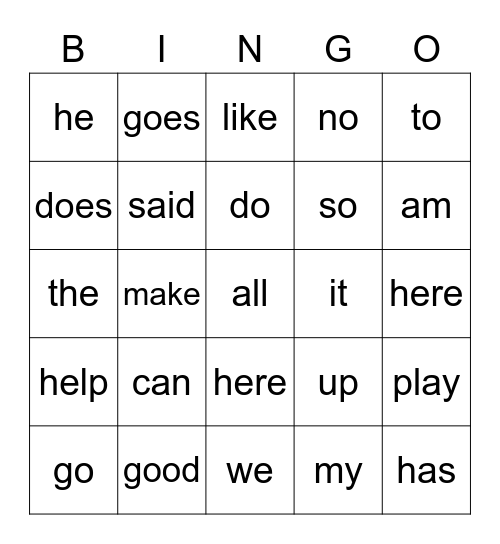 Sight Words Bingo Card