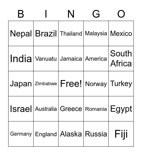 ArOuNd tHe wOrLd Bingo Card