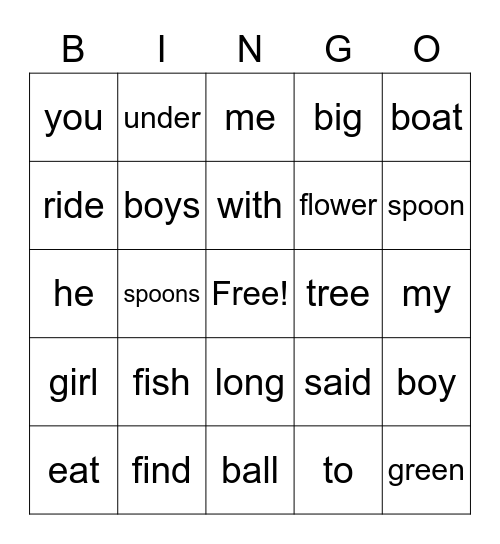 Edmark 1-50 words with plurals plus me Bingo Card