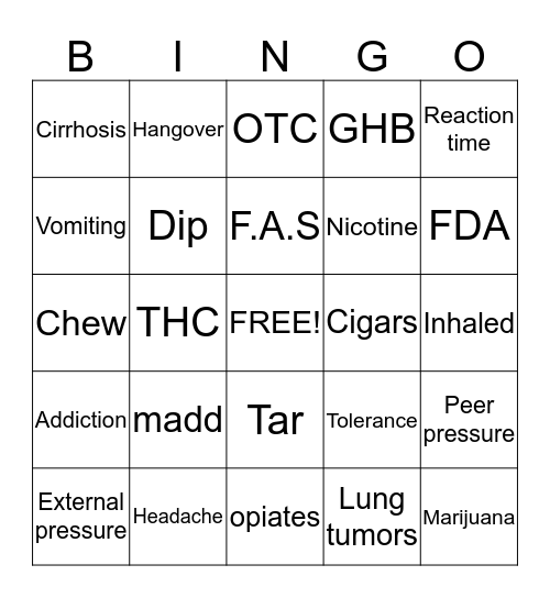 alcohol and tobacco bingo Card