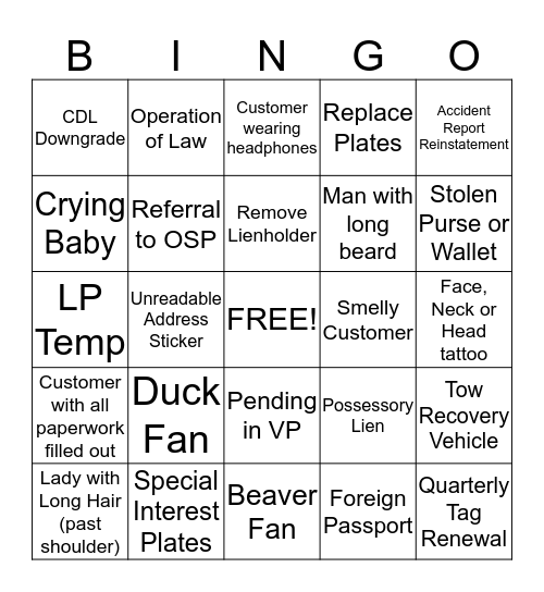 Customer Bingo Card