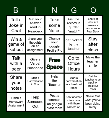 School Day Task Bingo Card