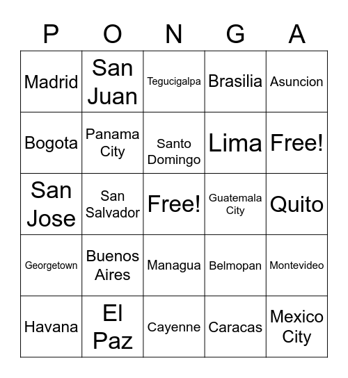 Spanish speaking countries Bingo Card