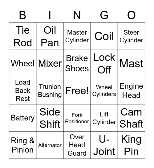 Forklift Bingo Card