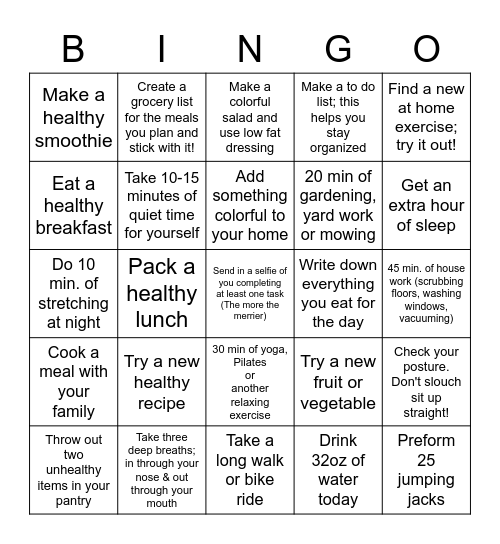 Pizza Hut Wellness Challenge Bingo Card