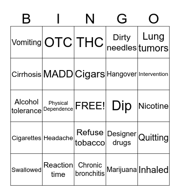 Alcohol, Tobacco, Drugs.  Bingo Card