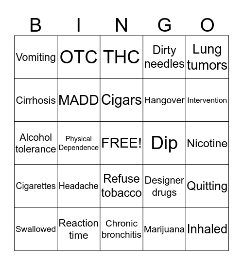 Alcohol, Tobacco, Drugs.  Bingo Card