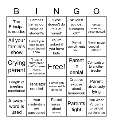 Parent Teacher Conference Bingo Card