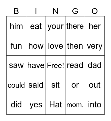 Sight Words Bingo Card