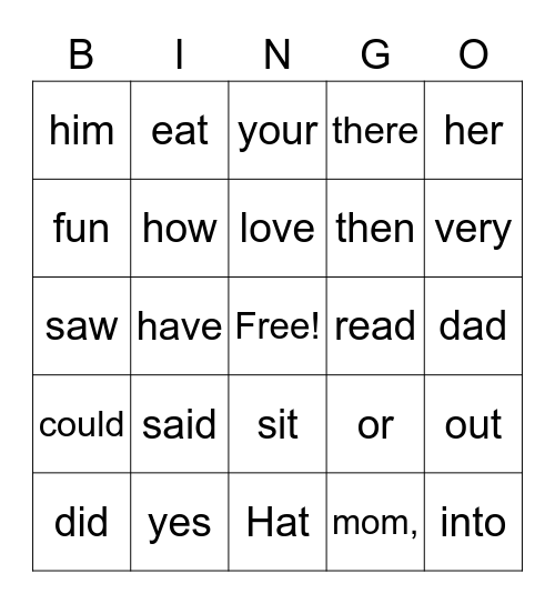 Sight Words Bingo Card