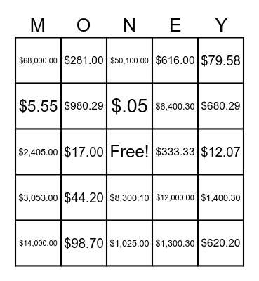 Money Bingo Card