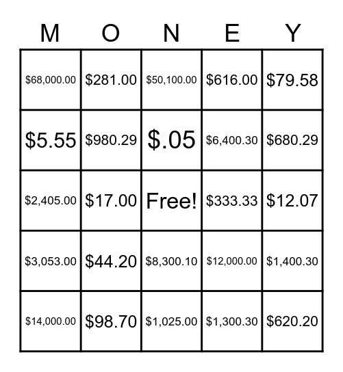 Money Bingo Card