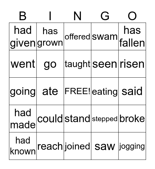 Regular and Irregular Verb Bingo Card
