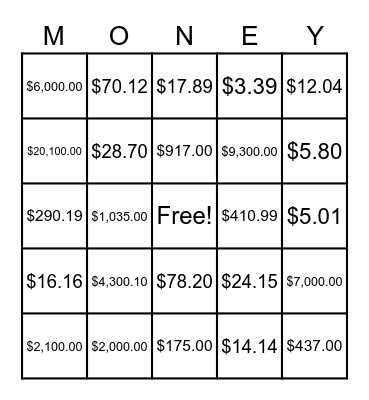 Money Bingo Card