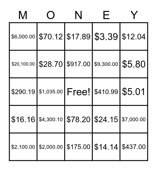 Money Bingo Card