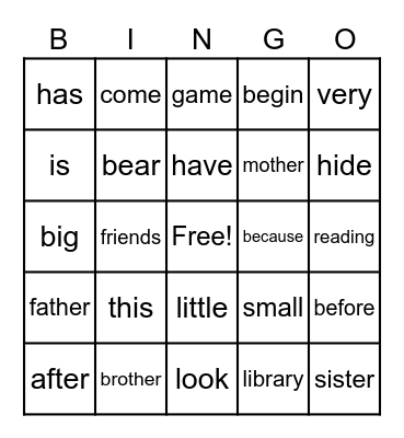 Reading Bingo Card