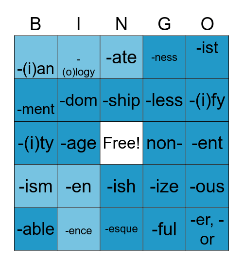 Essential Education Suffixes Bingo Card