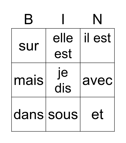 mots fréquents 1 Bingo Card