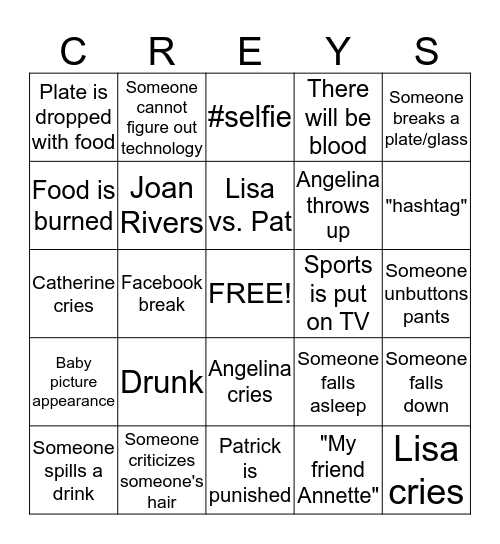 Dysfunctional Family Bingo Card