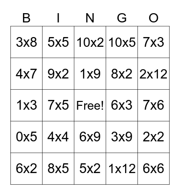 Multiplication Bingo Card