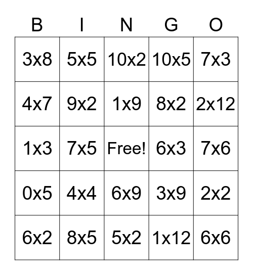 Multiplication Bingo Card