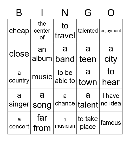 The Power Of Song Bingo Card
