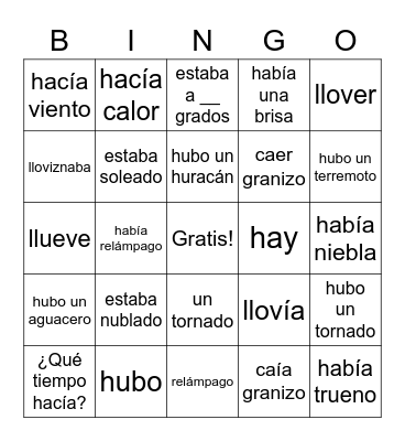 El tiempo vocabulario Bingo Card