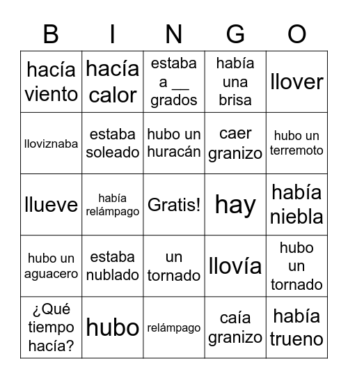 El tiempo vocabulario Bingo Card