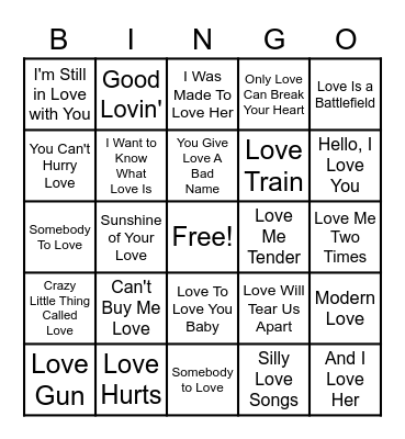 Rock 'N Roll Bingo - LOVE Songs Bingo Card