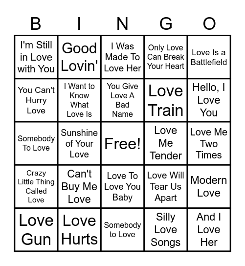 Rock 'N Roll Bingo - LOVE Songs Bingo Card