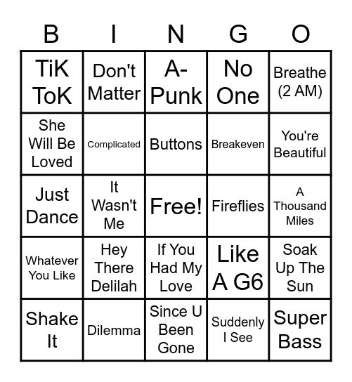 Rock 'N Roll Bingo - 2000's Pop Bingo Card