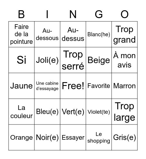 Les vêtements Bingo Card