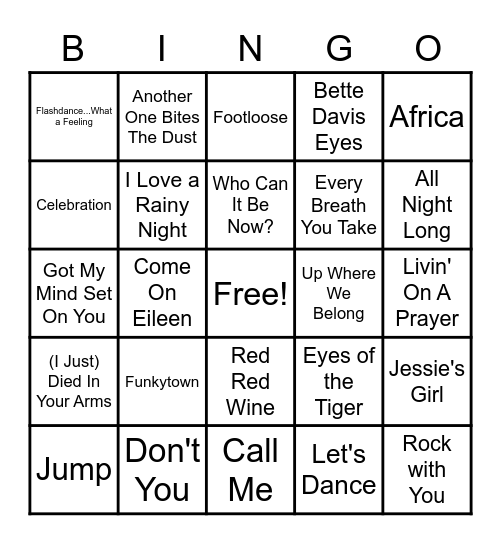 Rock 'N Roll Bingo - 80's #1's Bingo Card