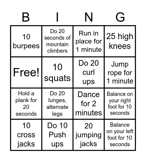 Christie Fitness Bingo Card