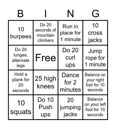 Fitness Bingo Card