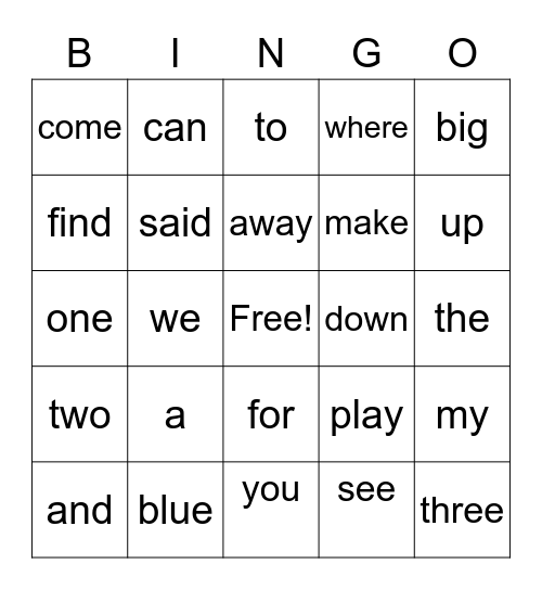 Sight Words List 1a Bingo Card