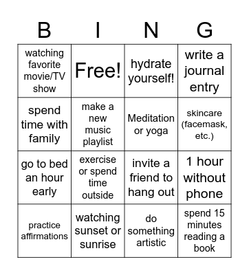 Self Care Bingo Card