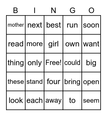 Sight Words Bingo Card