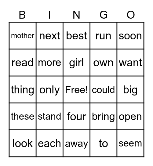 Sight Words Bingo Card