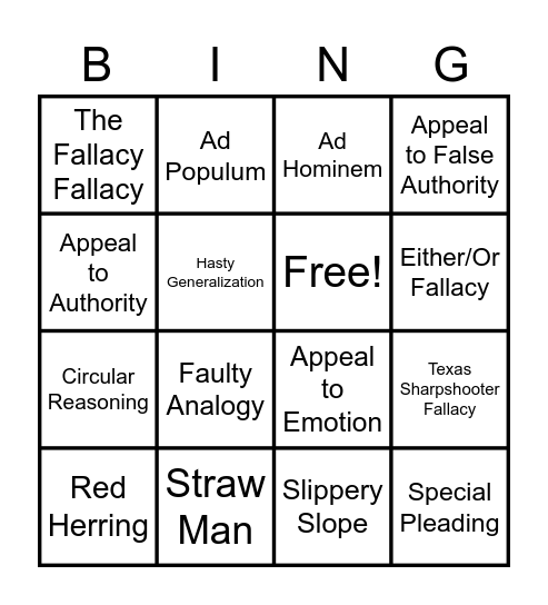 Logical Fallacy Bingo Card