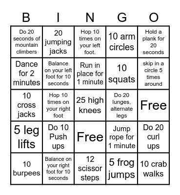 Fitness Bingo Card