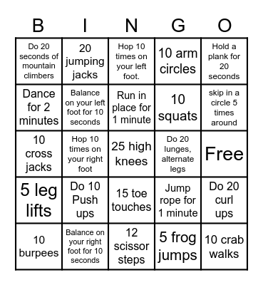 Fitness Bingo Card