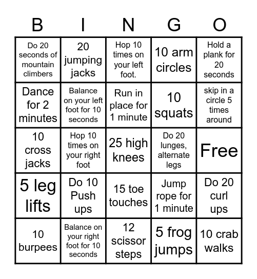 Fitness Bingo Card