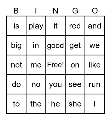 Sight Words Bingo Card