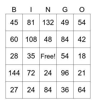 Multiplication Bingo Card